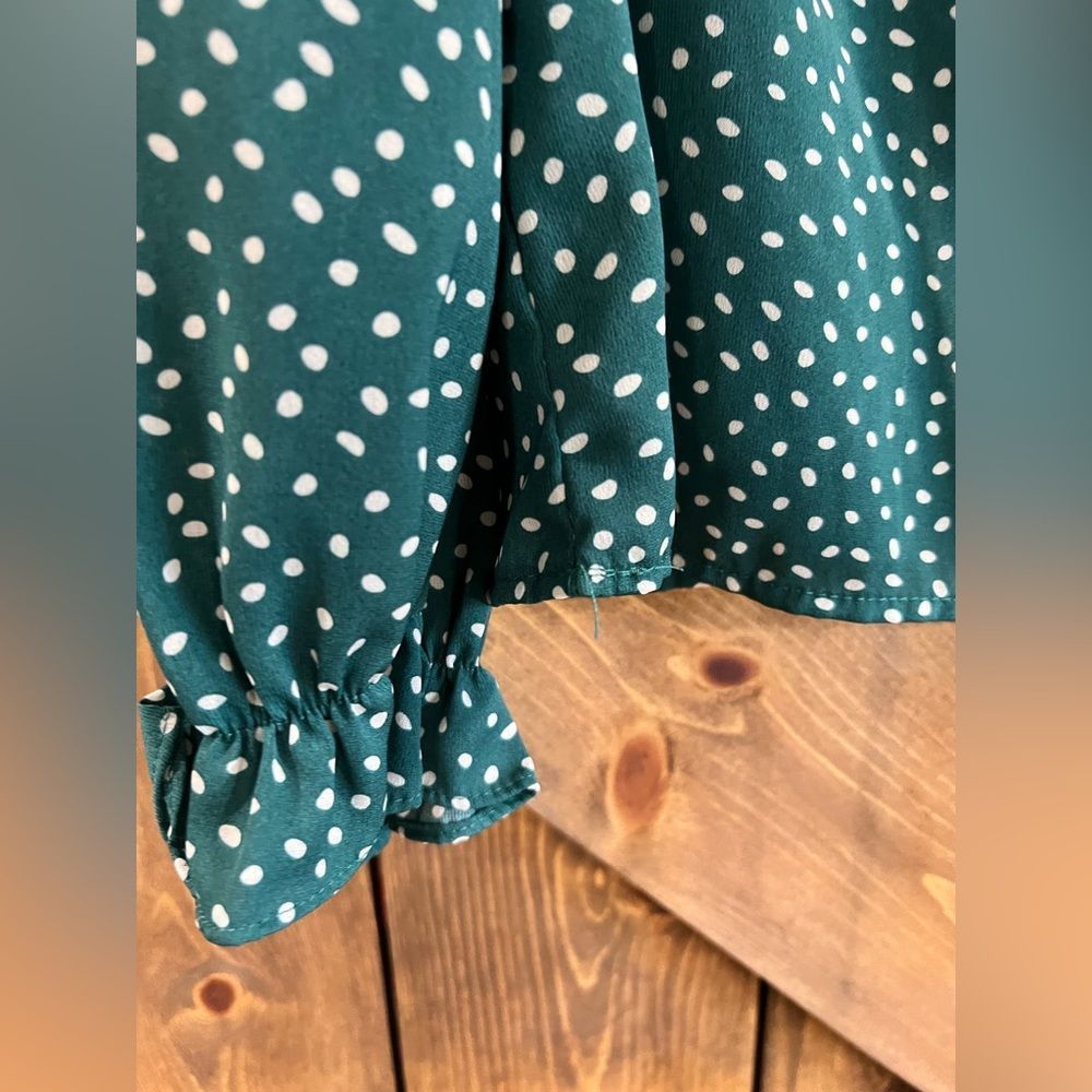 SHEIN Forest Green Polka Dot Long Sleeve Tie Neck Blouse - Picture 2 of 3